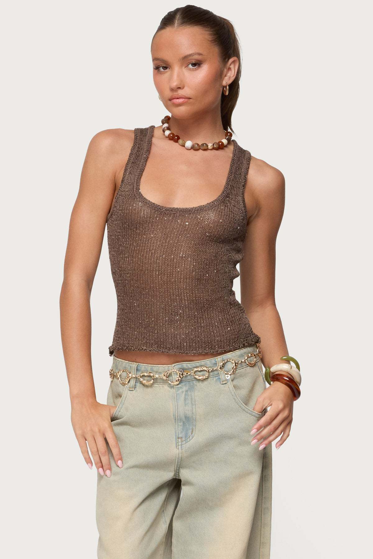 Shiny Deep V Solid Color Tank Top Fashionable Sexy Sheer Top