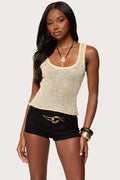 Shiny Deep V Solid Color Tank Top Fashionable Sexy Sheer Top