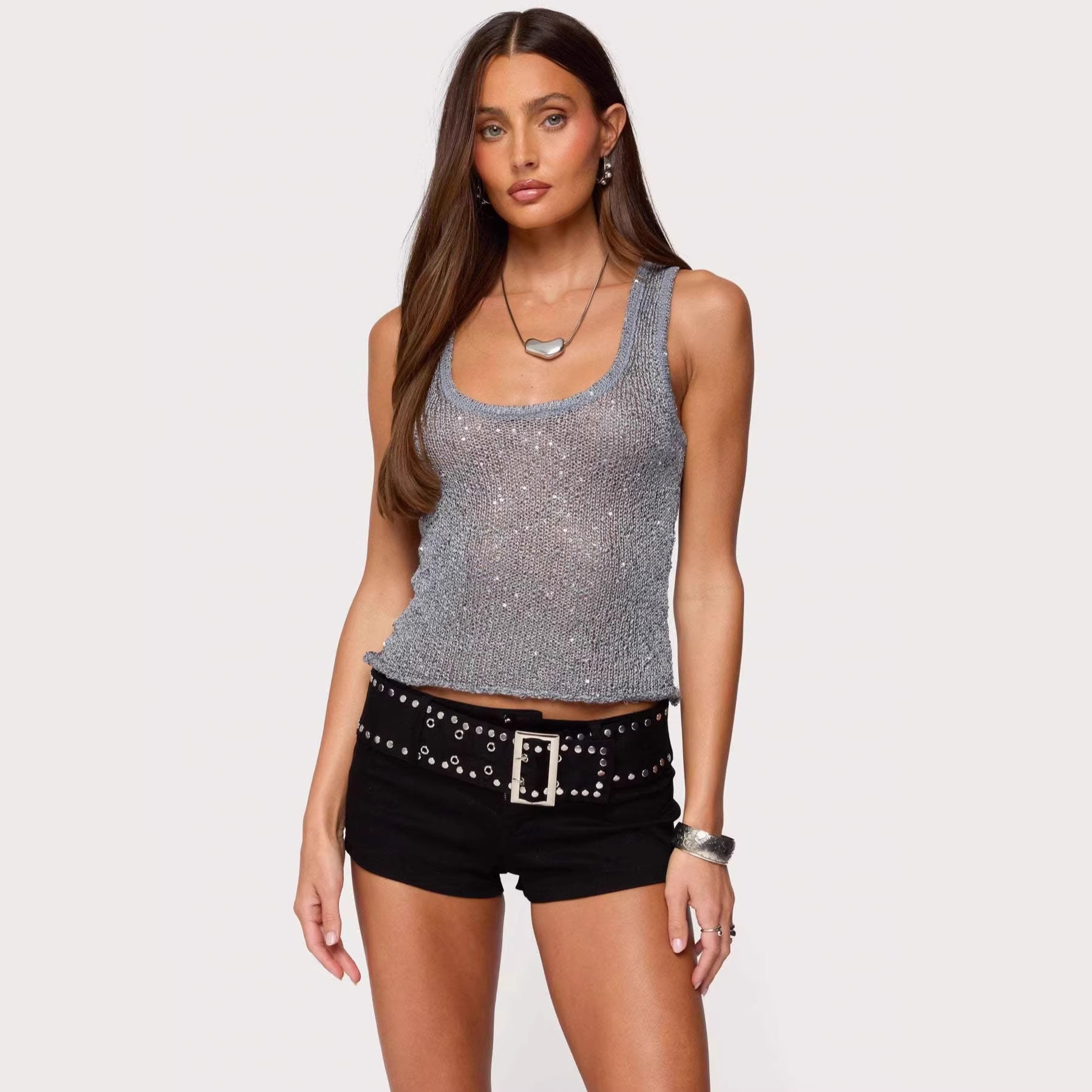 Shiny Deep V Solid Color Tank Top Fashionable Sexy Sheer Top