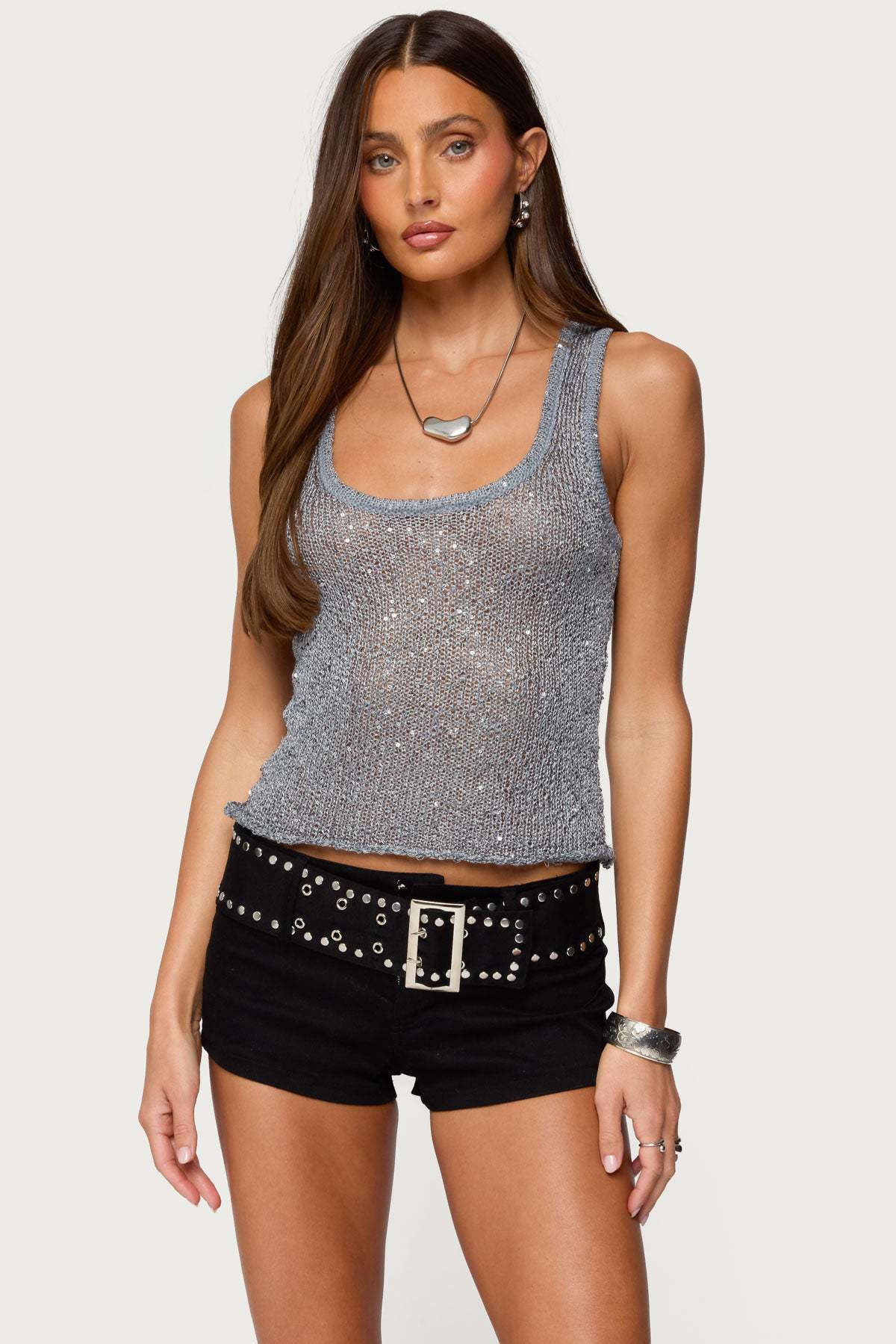 Shiny Deep V Solid Color Tank Top Fashionable Sexy Sheer Top