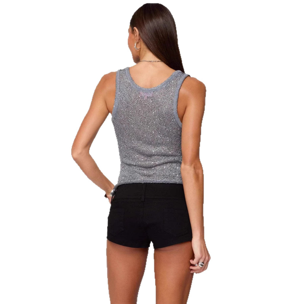 Shiny Deep V Solid Color Tank Top Fashionable Sexy Sheer Top